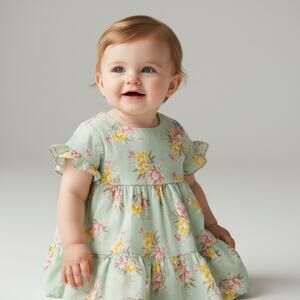 OshKosh Baby B'gosh Girl Cotton Peasant Dress Green Floral Size 18 Months